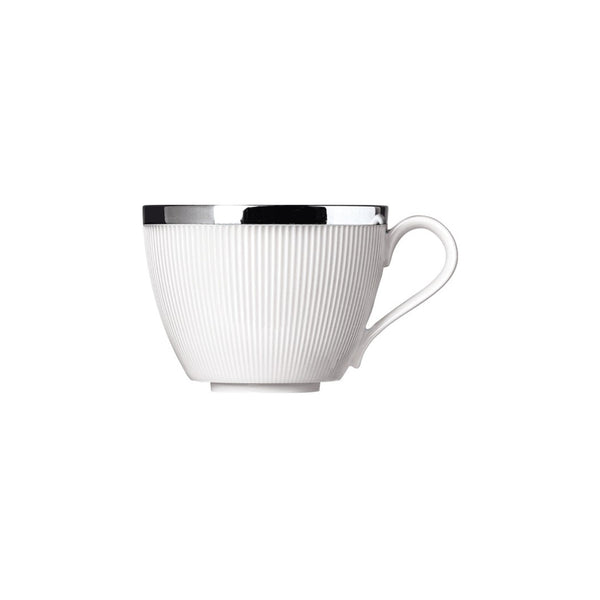 A white porcelain coffee cup with a striped pattern and a silver rim.