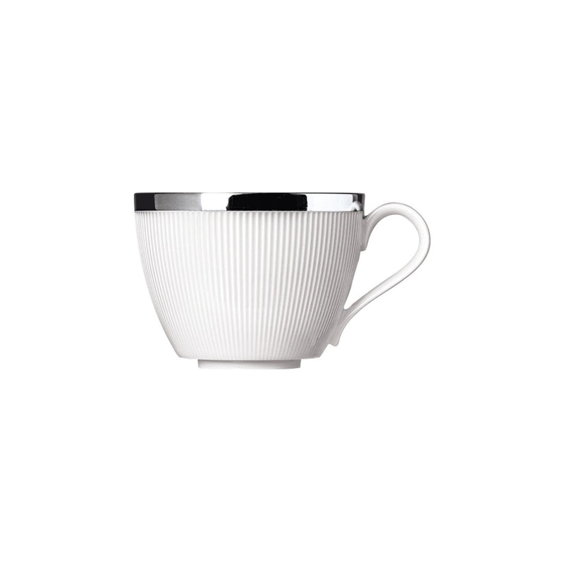 A white porcelain coffee cup with a striped pattern and a silver rim.
