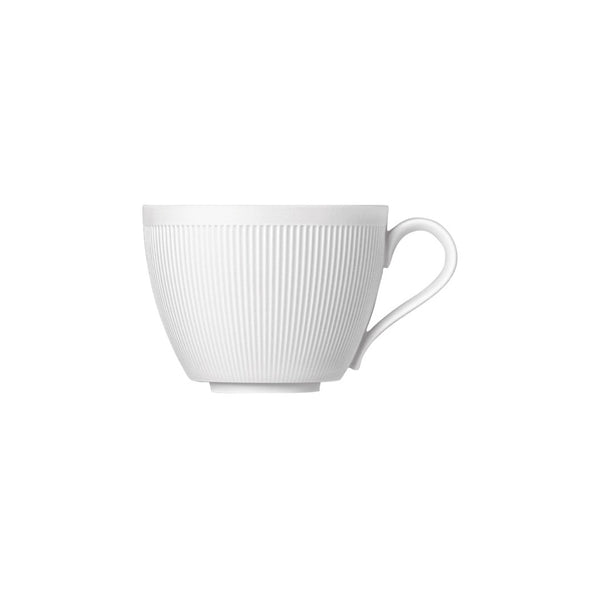 A white porcelain coffee cup with a handle, featuring a textured pattern and a glossy finish.