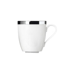 A white porcelain coffee mug with gentle relief lines and a platinum band on the rim.