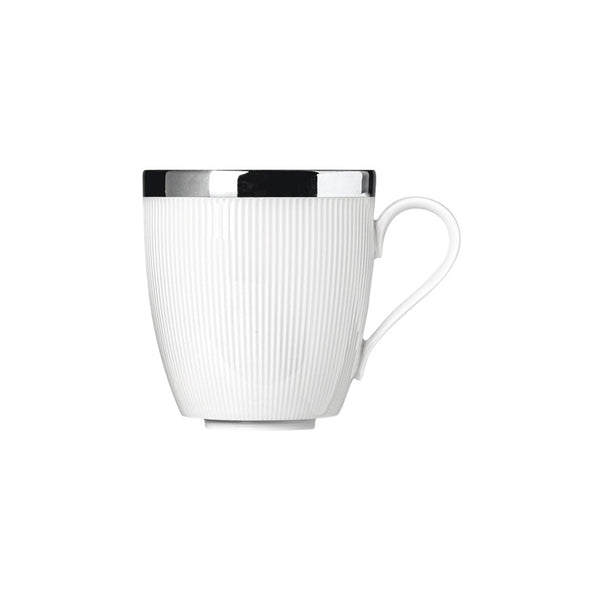 A white porcelain coffee mug with gentle relief lines and a platinum band on the rim.