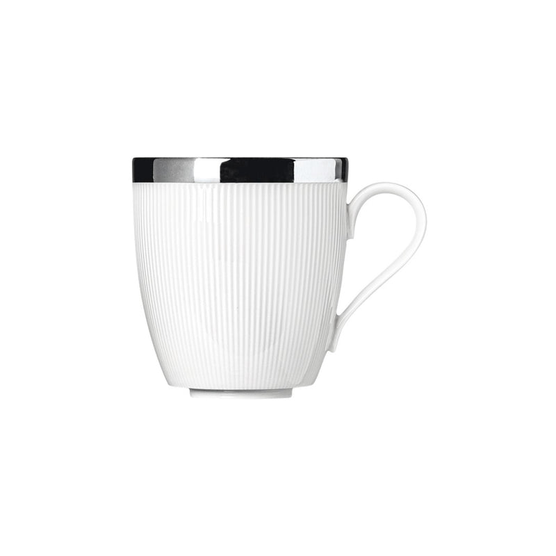 A white porcelain coffee mug with gentle relief lines and a platinum band on the rim.