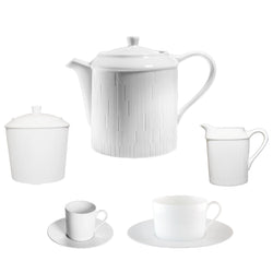 A 15-piece white porcelain dinnerware set including a teapot, coffee cups and saucers, tea cups and saucers, a sugar bowl, and a milk jug.