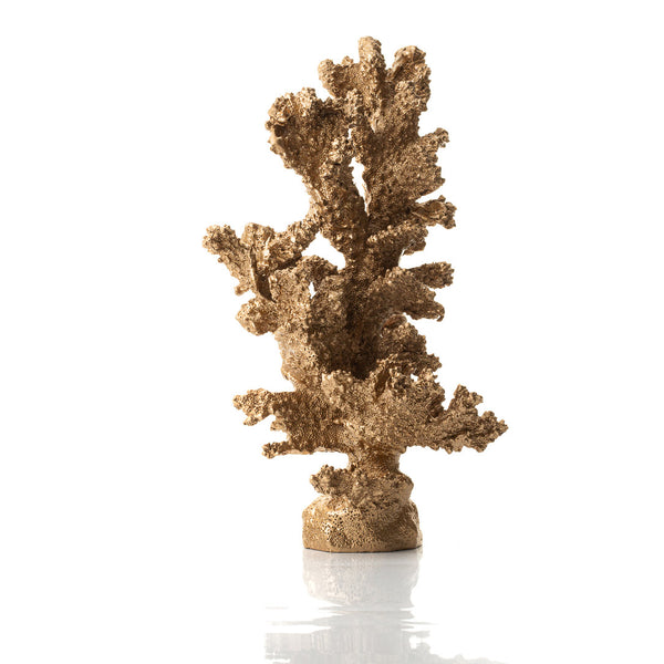 A gold-colored faux coral tree made from resin stone, displayed on a white background.