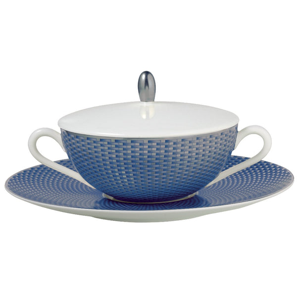 Raynaud Trésor Bleu Limoges porcelain cream soup cup with lid and saucer in cobalt blue with platinum honeycomb design
