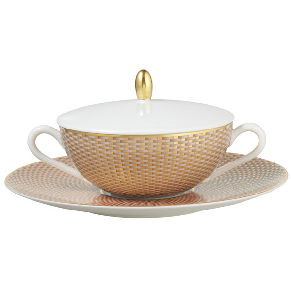 Raynaud Trésor beige porcelain cream soup with lid and saucer with gold-accented honeycomb design