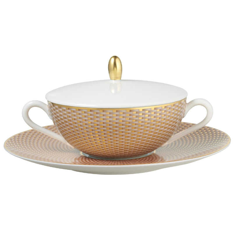 Raynaud Trésor beige porcelain cream soup with lid and saucer with gold-accented honeycomb design