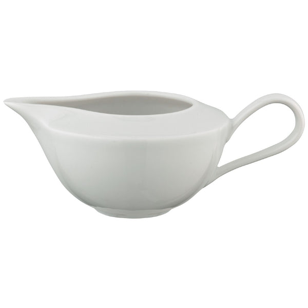 A white porcelain creamer with a sleek design, featuring a smooth, curved body and a rounded handle.