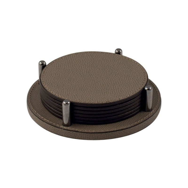 David round Golf leather coaster set of 6 with holder by Giobagnara, handmade Italian tabletop accessory

