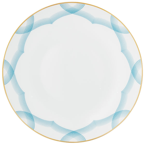 Deep Plate 22cm Aura by Raynaud in fine Limoges porcelain with golden rim and blue scalloped accents.