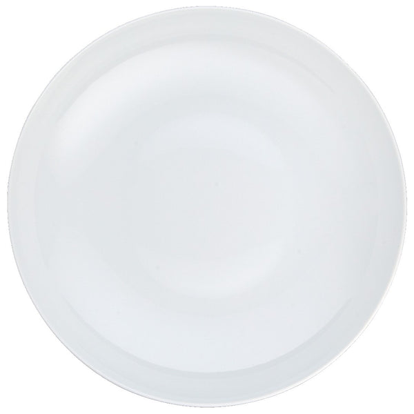 A round white porcelain deep plate with a smooth surface.