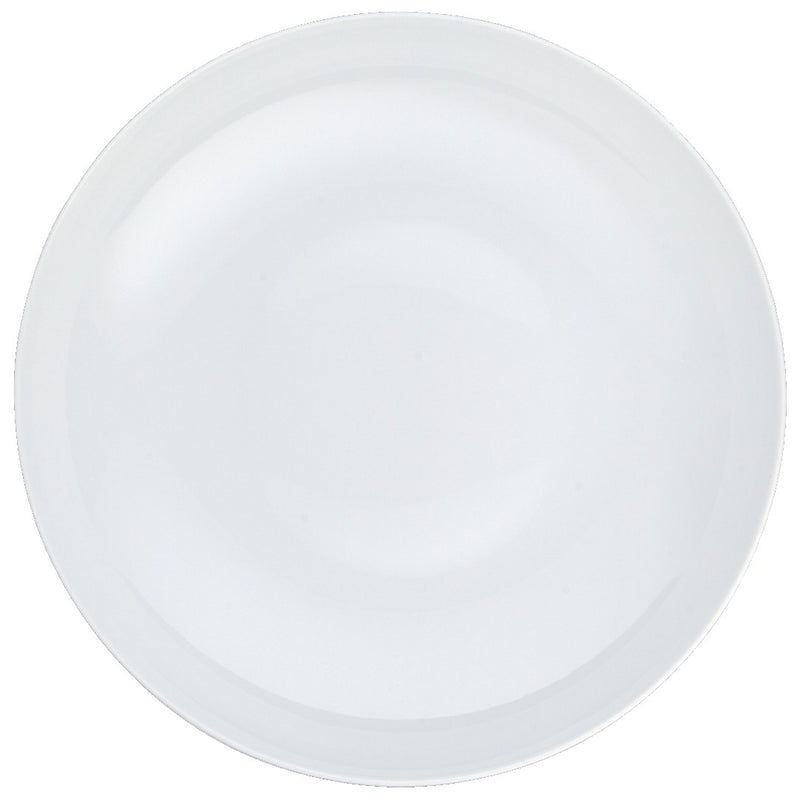 A round white porcelain deep plate with a smooth surface.