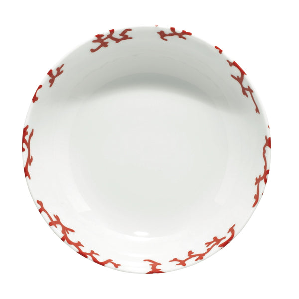 Luxury porcelain deep coup-shaped plate Cristobal Rouge coral motif by Raynaud