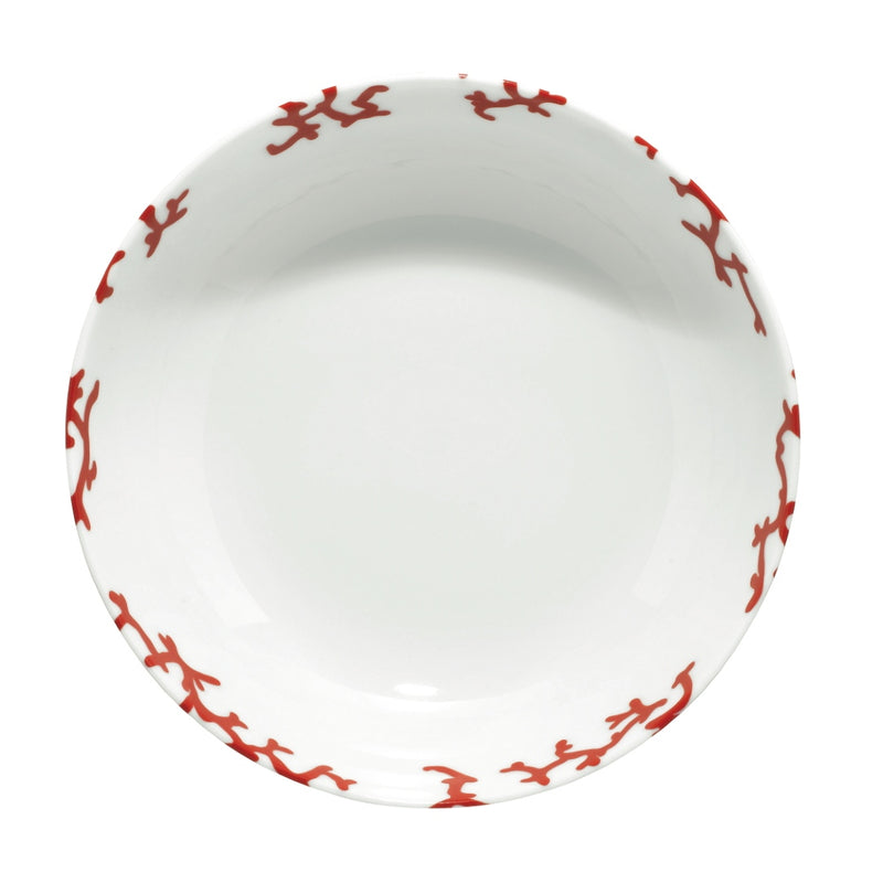 Luxury porcelain deep coup-shaped plate Cristobal Rouge coral motif by Raynaud