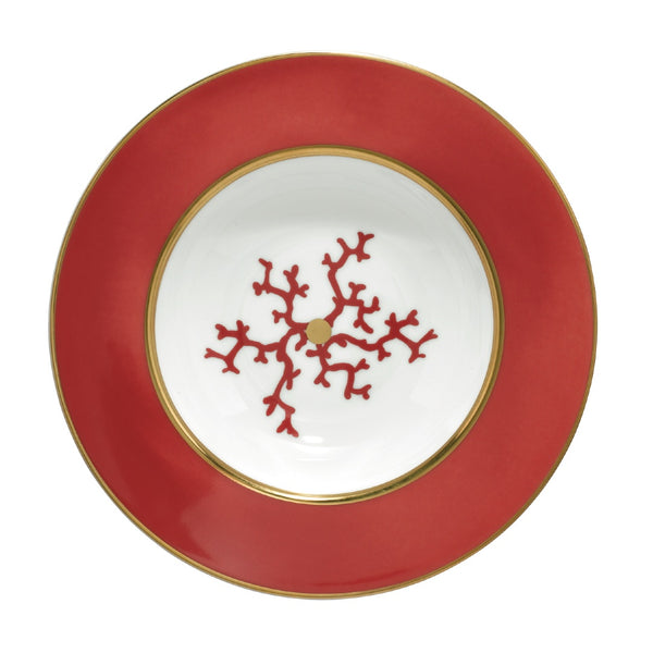 Luxury porcelain deep plate with rim 21cm Cristobal Rouge coral motif with red and gold rim by Raynaud