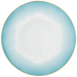 Deep Plate with Rim 27cm Aura by Raynaud in fine Limoges porcelain with golden rim and blue scalloped accents.