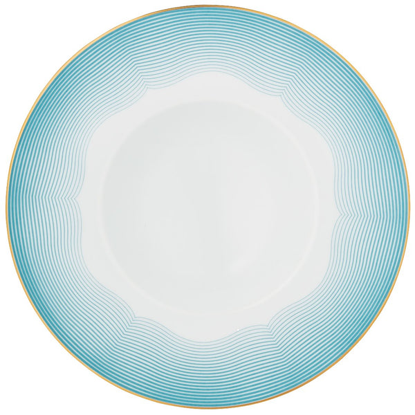 Deep Plate with Rim 27cm Aura by Raynaud in fine Limoges porcelain with golden rim and blue scalloped accents.