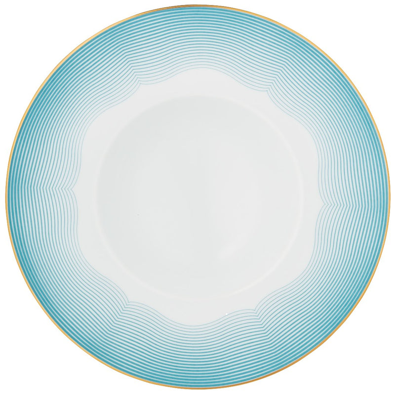 Deep Plate with Rim 27cm Aura by Raynaud in fine Limoges porcelain with golden rim and blue scalloped accents.
