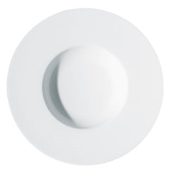 A white, round, porcelain deep plate with a wide rim.