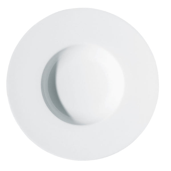 A white, round, porcelain deep plate with a wide rim.