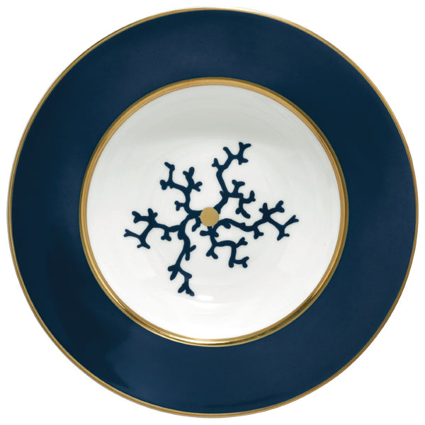 Deep Plate with Rim Cristobal Marine porcelain by Raynaud with blue coral motif and gold detailing