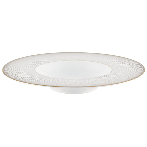 A white, gold, and brown porcelain deep plate with rim, featuring geometric motifs.