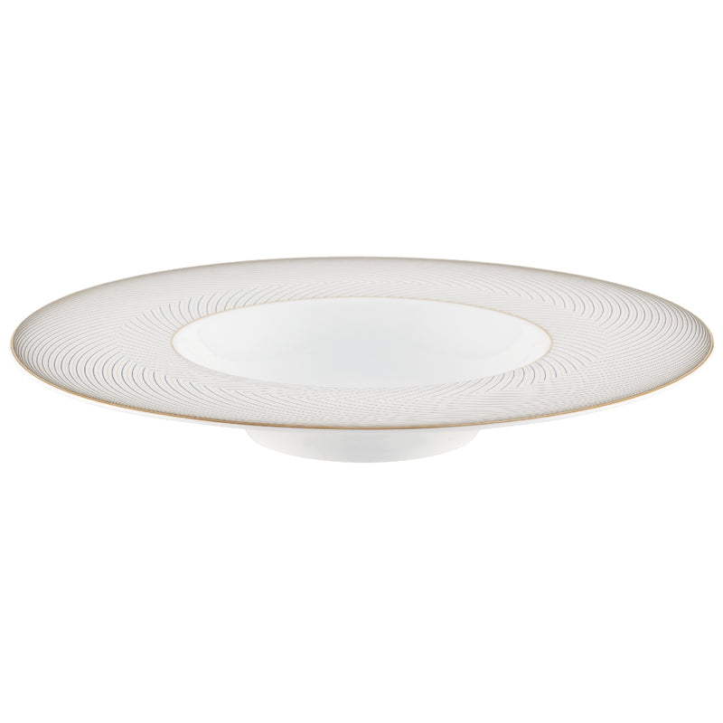 A white, gold, and brown porcelain deep plate with rim, featuring geometric motifs.