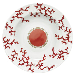 Luxury porcelain deep round platter 29cm Cristobal Rouge red coral motif with gold rim by Raynaud