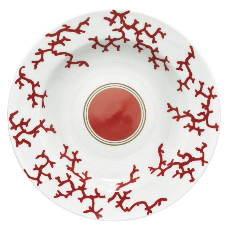 Luxury porcelain deep round platter 29cm Cristobal Rouge red coral motif with gold rim by Raynaud