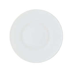 A round white porcelain dessert plate with a smooth surface.
