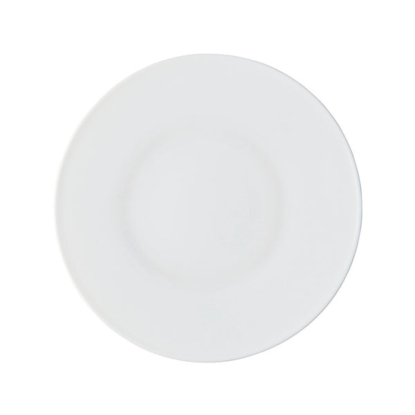 A round white porcelain dessert plate with a smooth surface.