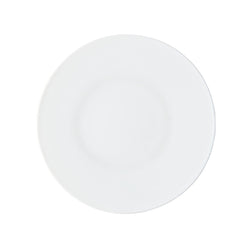 A round white porcelain dessert plate with a smooth surface.
