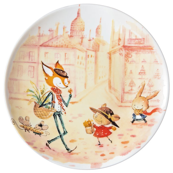 A multicolored porcelain dessert plate featuring raynaud les petits parisiens dessert plate no 3 fox rabbit and mice paris street scene