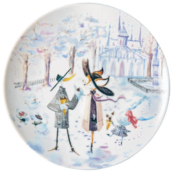 A multicolored porcelain dessert plate featuring raynaud les petits parisiens dessert plate no 4 winter paris scene with fox rabbit and mice