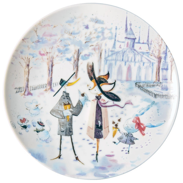 A multicolored porcelain dessert plate featuring raynaud les petits parisiens dessert plate no 4 winter paris scene with fox rabbit and mice