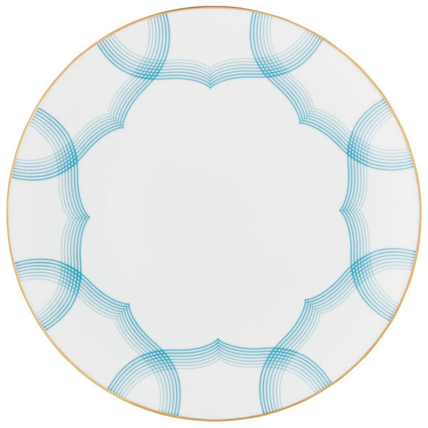 Dessert Plate Aura by Raynaud in fine Limoges porcelain with golden rim and blue scalloped line design.