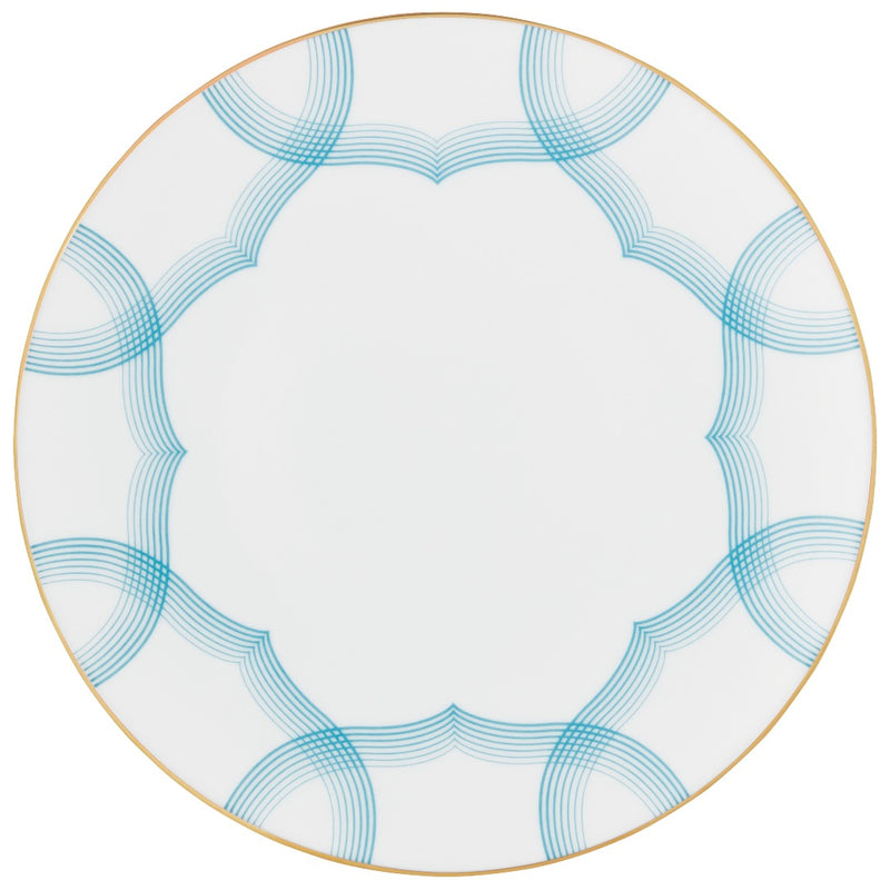 Dessert Plate Aura by Raynaud in fine Limoges porcelain with golden rim and blue scalloped line design.