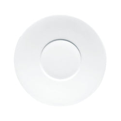 A white, round porcelain dessert plate with a simple, elegant design