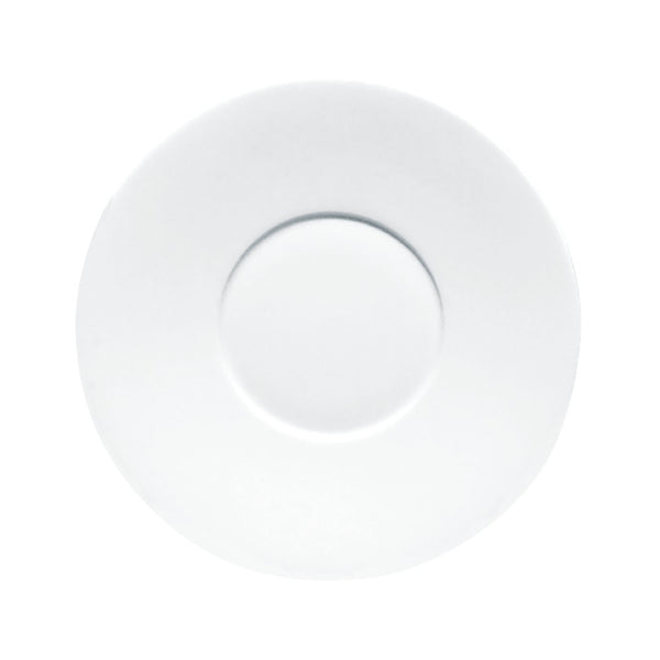 A white, round porcelain dessert plate with a simple, elegant design