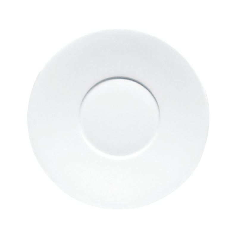 A white, round porcelain dessert plate with a simple, elegant design