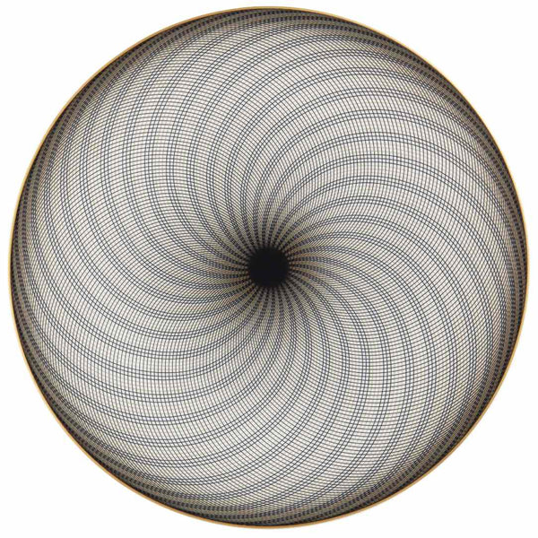 A white porcelain dessert plate with geometric black and gold curves on a plain background.