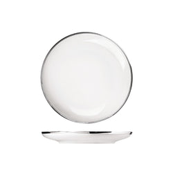 A white porcelain dessert plate with a textured edge and a shiny platinum finish in the center, displayed against a white background.