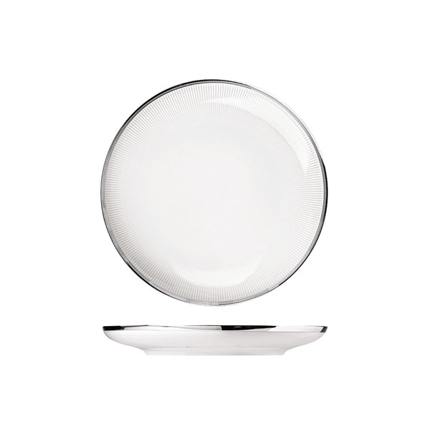 A white porcelain dessert plate with a textured edge and a shiny platinum finish in the center, displayed against a white background.