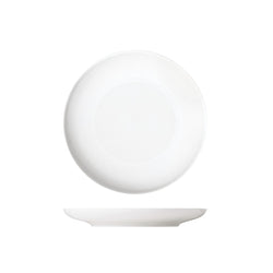 A white porcelain dessert plate with gentle relief lines, part of the Stella Satin White series.