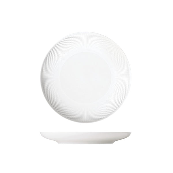 A white porcelain dessert plate with gentle relief lines, part of the Stella Satin White series.