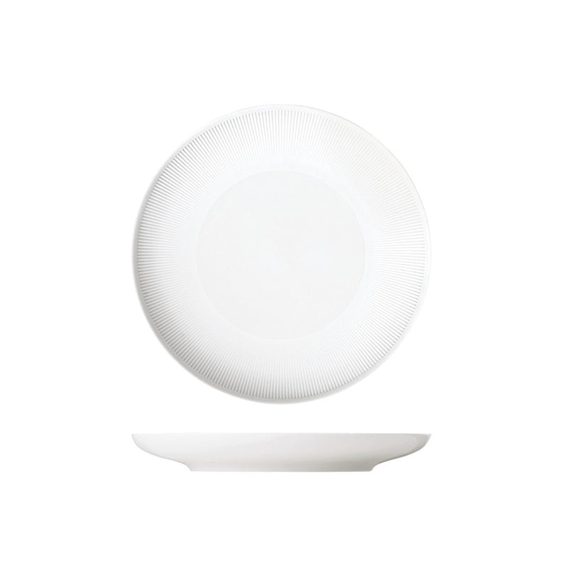 A white porcelain dessert plate with gentle relief lines, part of the Stella Satin White series.