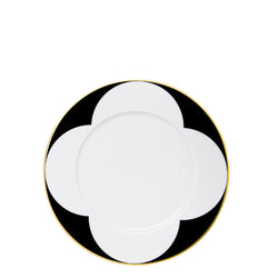 A porcelain dessert plate with rim from my china ca d oro collection featuring black geometric border and gold edge by sieger furstenberg