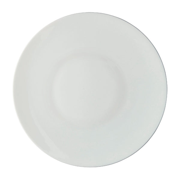 A round white porcelain dinner plate with a smooth surface and no visible decorations.