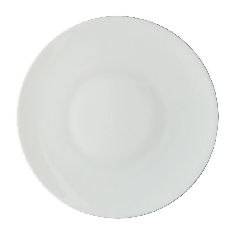 A round white porcelain dinner plate with a smooth surface and no visible decorations.