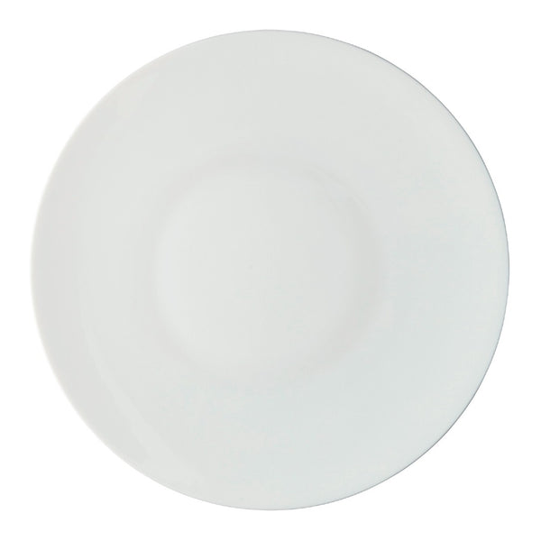 A white porcelain dinner plate with a simple, elegant design from the 'Uni' collection by Raynaud.